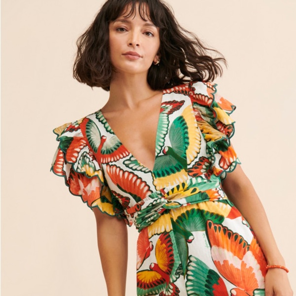Farm Rio ruffle-sleeve printed jumpsuit parrots Women’s M Medium
